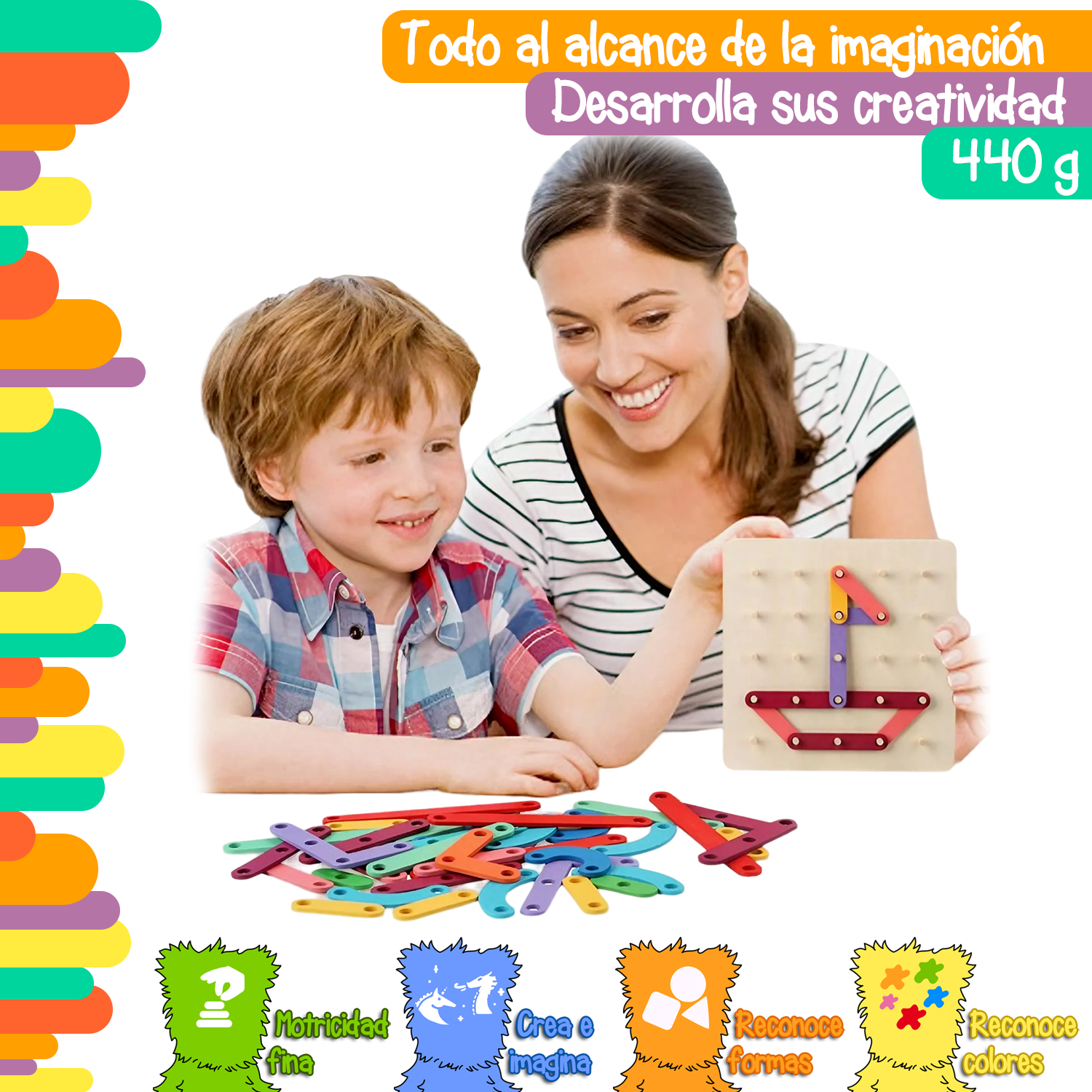 Geoplano de columnas con números, letras y figuras 