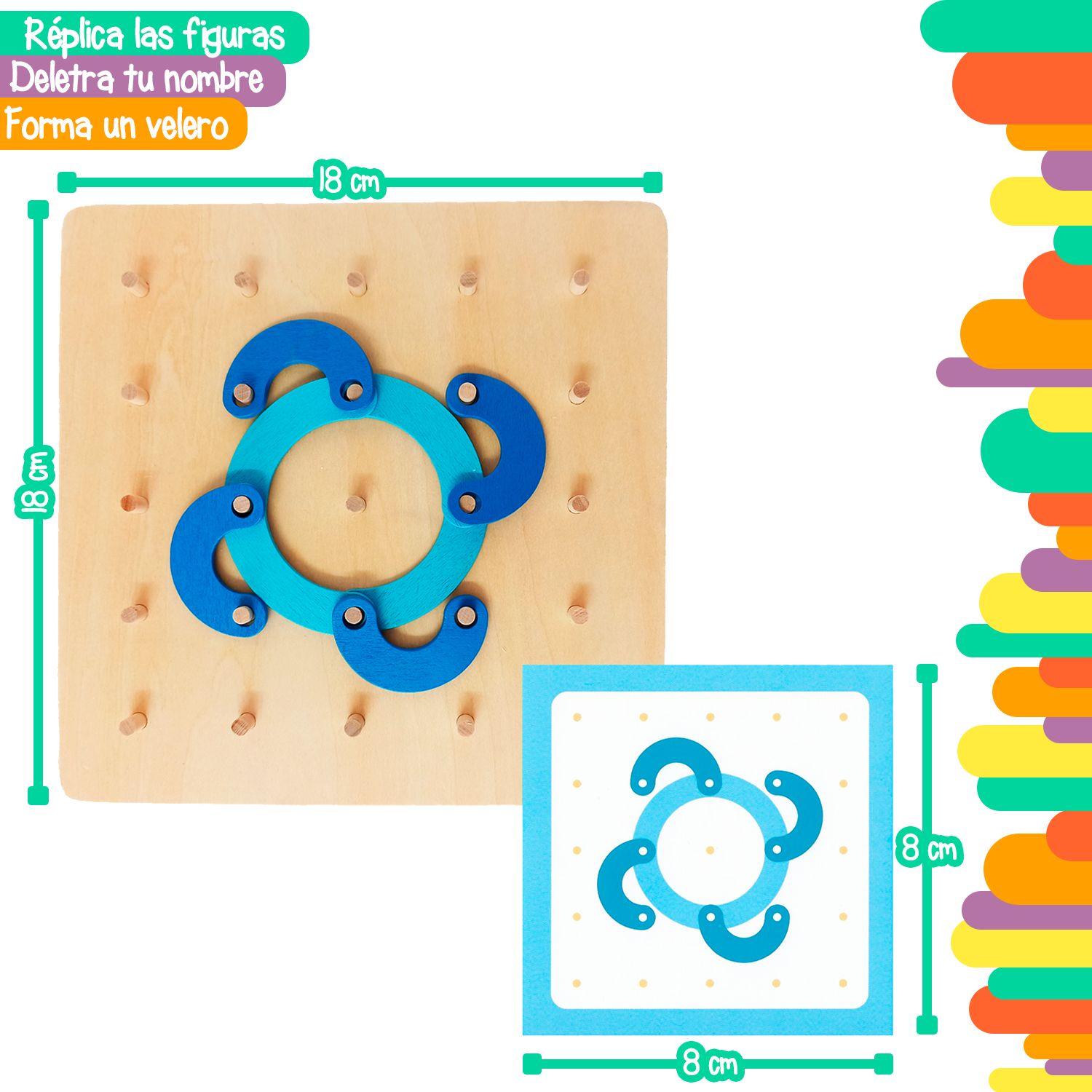 Geoplano de columnas con números, letras y figuras 