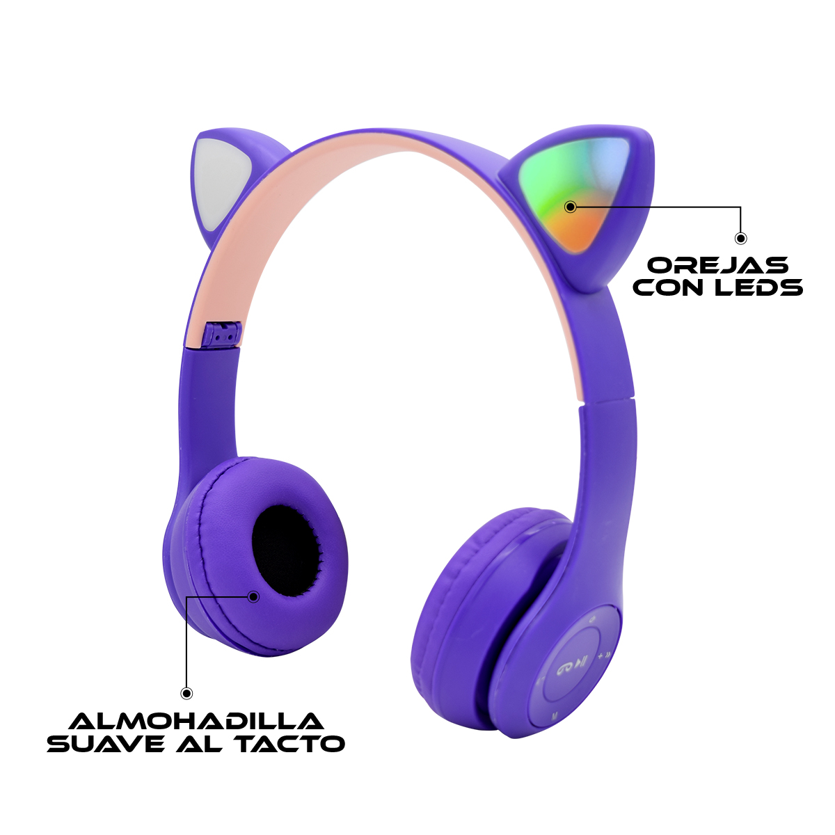 Audífonos Bluetooth con Diadema y Orejas de Gato Luz Led