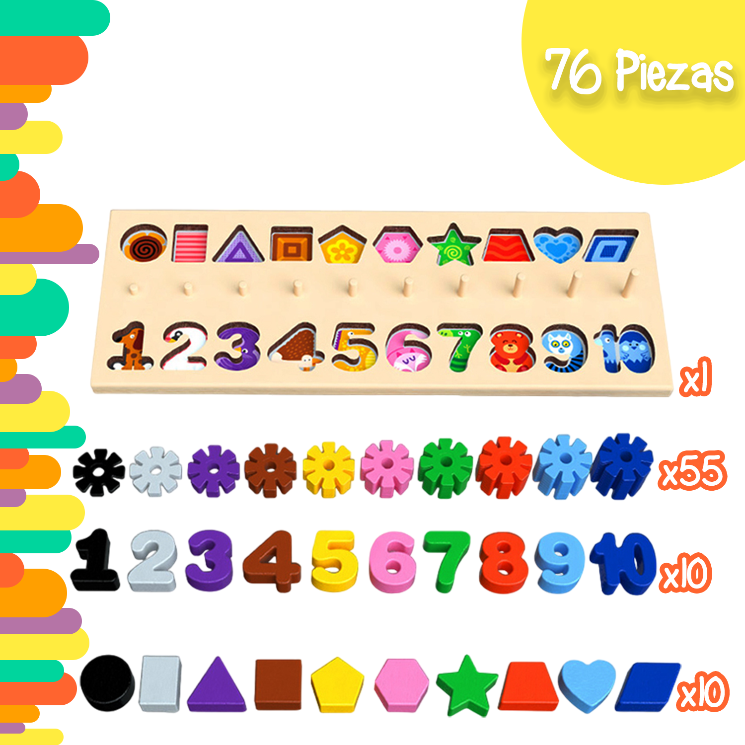 Tablero de Juego con números, Figuras geométricas y Aros ranurados para la formación de Figuras Yuff!