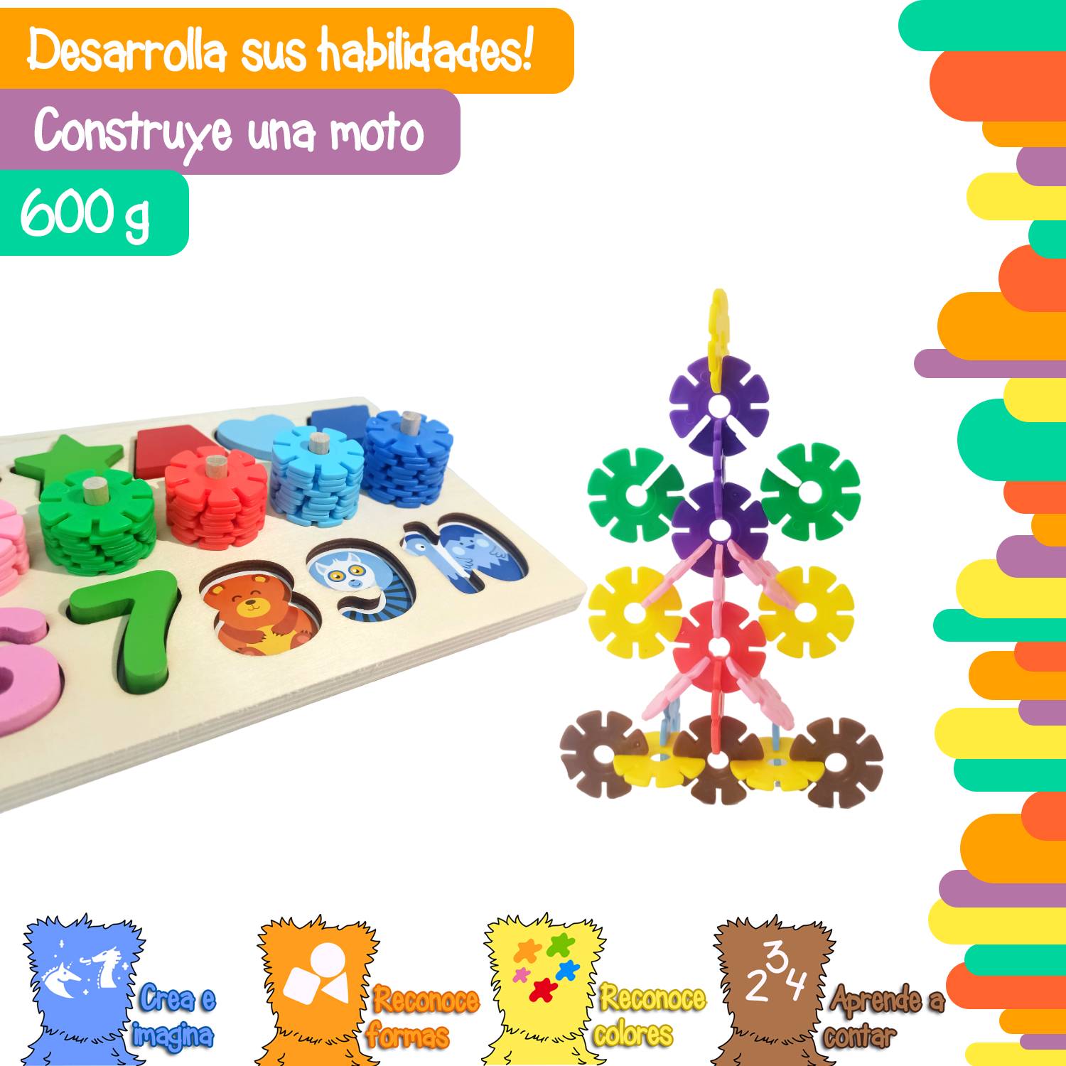 Tablero de Juego con números, Figuras geométricas y Aros ranurados para la formación de Figuras Yuff!