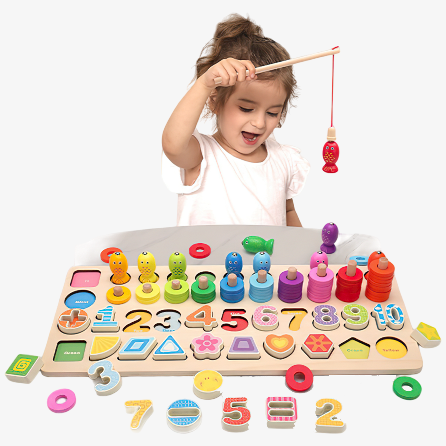 Tablero matemático 5 juegos en 1 con Juego de Pesca magnética, aros, números y formas Yuff!