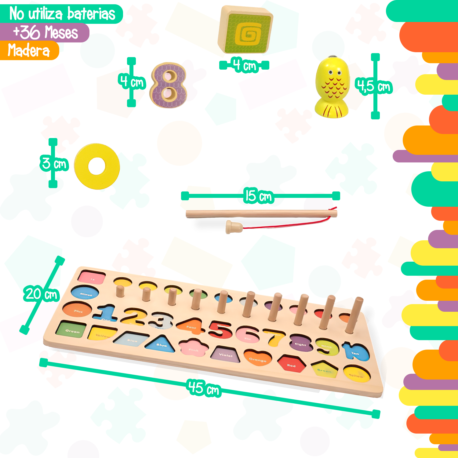 Tablero matemático 5 juegos en 1 con Juego de Pesca magnética, aros, números y formas Yuff!