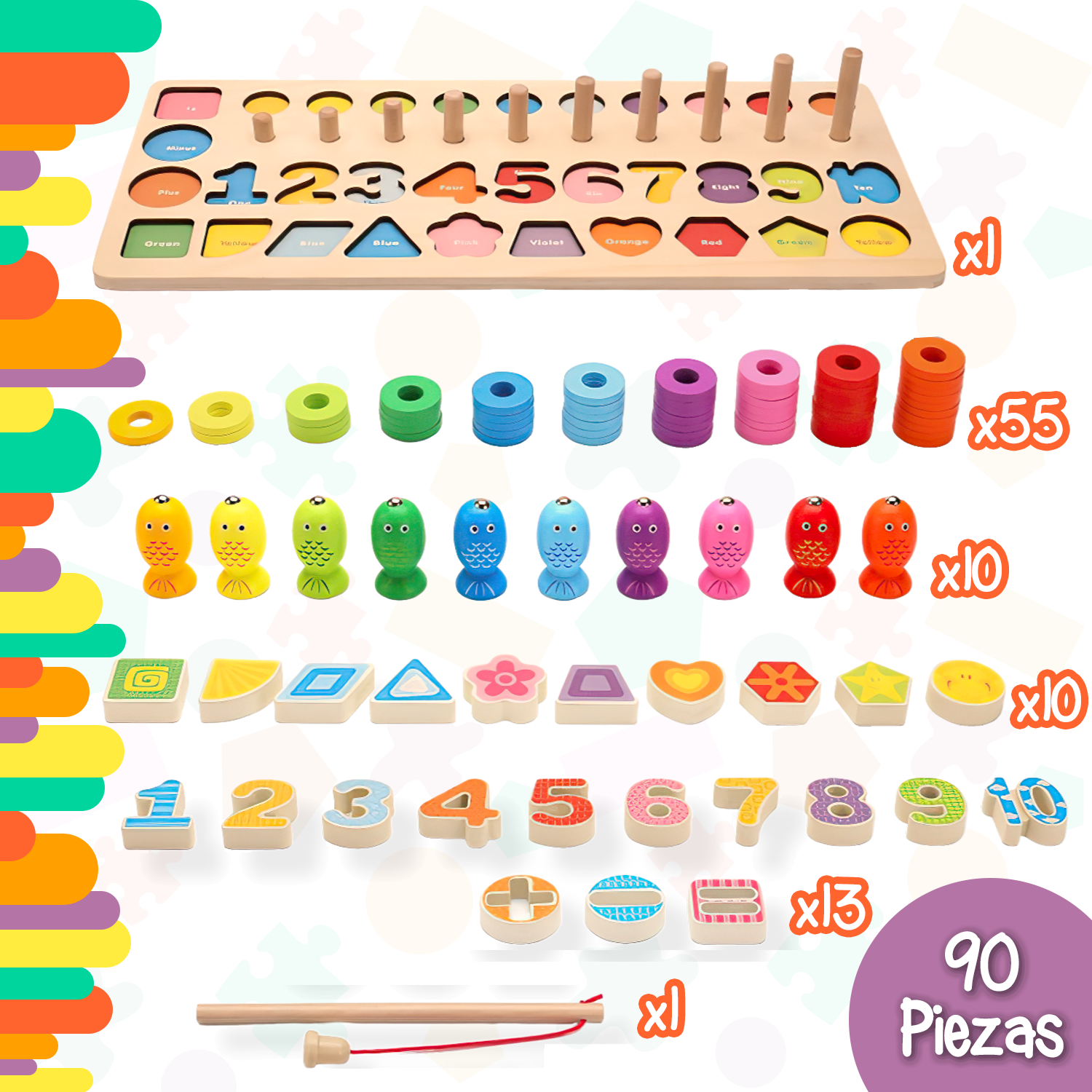 Tablero matemático 5 juegos en 1 con Juego de Pesca magnética, aros, números y formas Yuff!