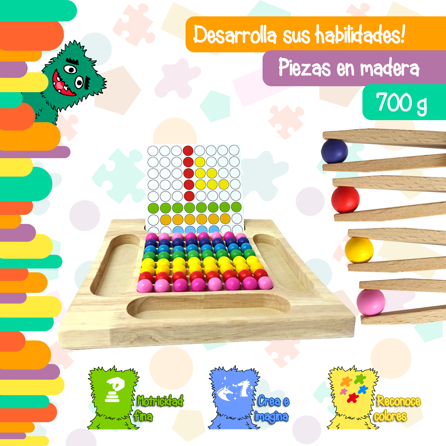 Juego tablero creativo Montessori con palillos y esferas de madera con múltiples combinaciones Yuff!