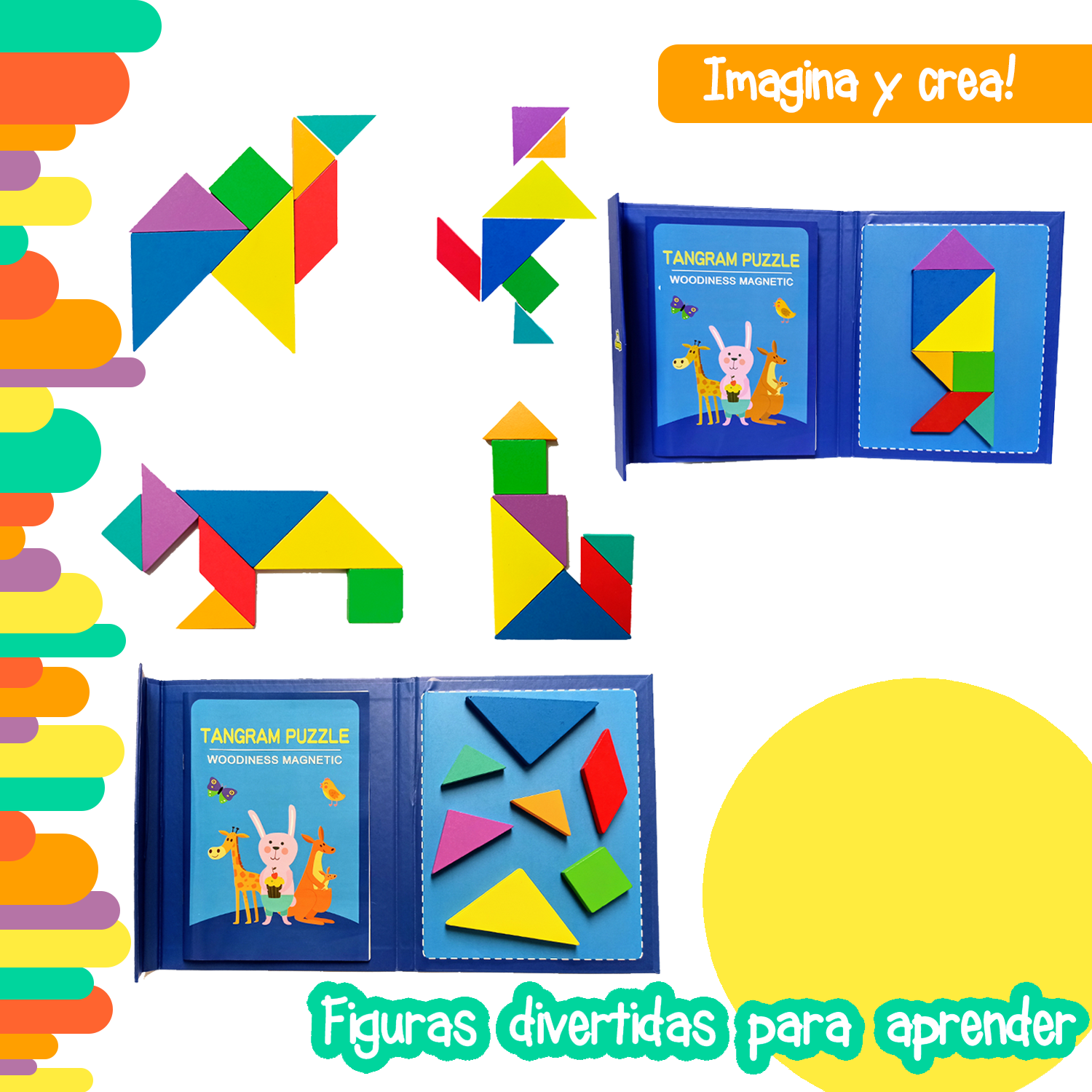 Tangram magnético tipo estuche con piezas con diseños