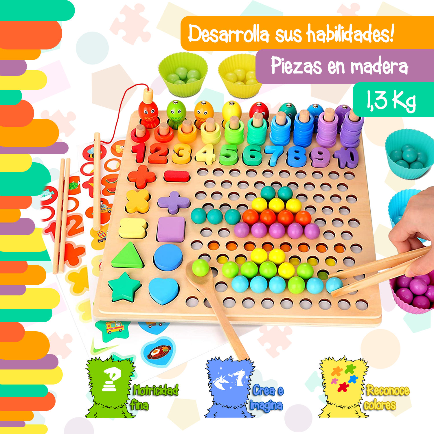 Tablero logarítmico 6 en 1 para clasificación de formas, números y signos, Yuff!