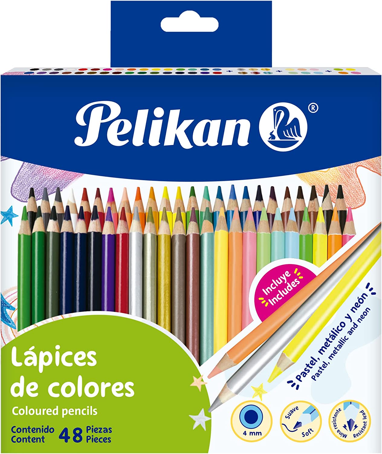 Pelikan Lápices de Colores Rendondos, Surtidos Multicolor Pastel Metálico Neon, 48 Piezas