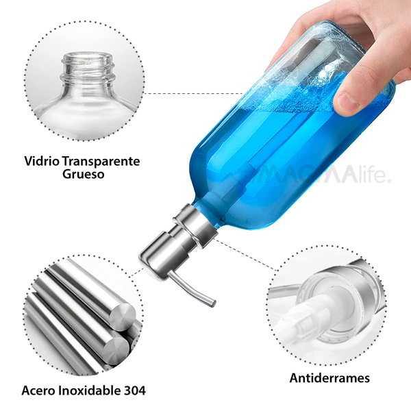 Set de 2 Dispensadores de vidrio para Jabón con Bomba de Acero Inoxidable Magma Life