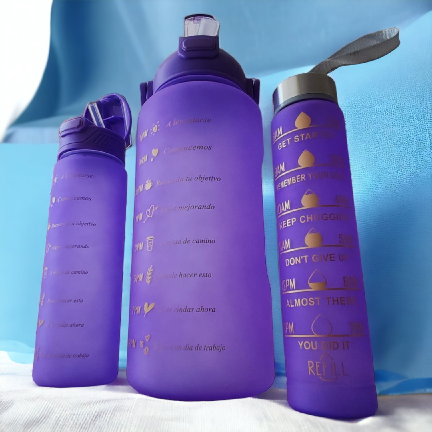 Vaso motivacional trio 3 en 1con stickers morado cambia de color