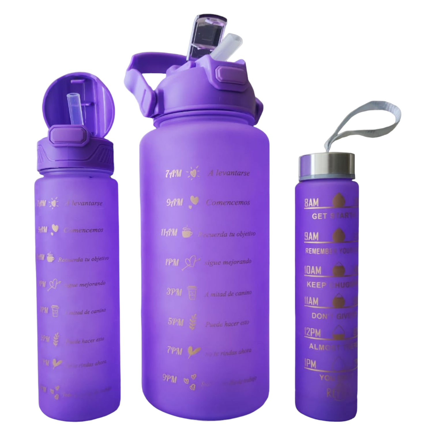 Vaso motivacional trio 3 en 1con stickers morado cambia de color