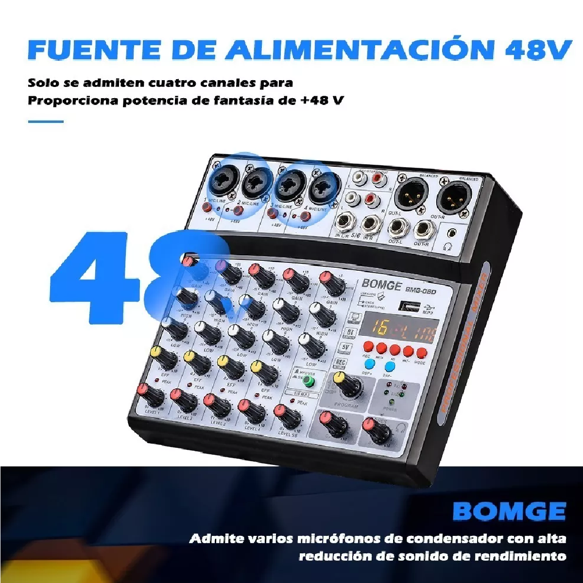 BOMGE X-8 Profesional Mezclador de Audio de 8 Canales Placa de Sonido  Consola de Mezcla 8 Mic/Line Interfaz de Entrada USB/MP3/Bluetooth Entrada  48V