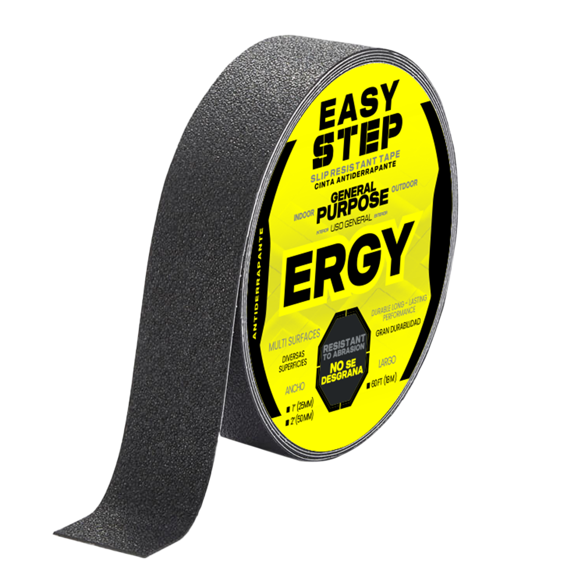 Cinta antiderrapante ERGY. 1" (25 mm) x 9 m. Antideslizante para escaleras, color negro, uso general.