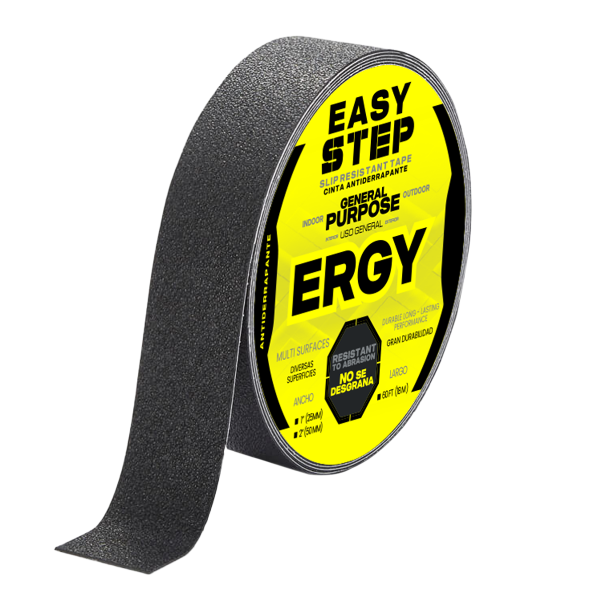 Cinta antiderrapante ERGY. 1" (25 mm) x 4.5 m. Antideslizante para escaleras, color negro, uso general.