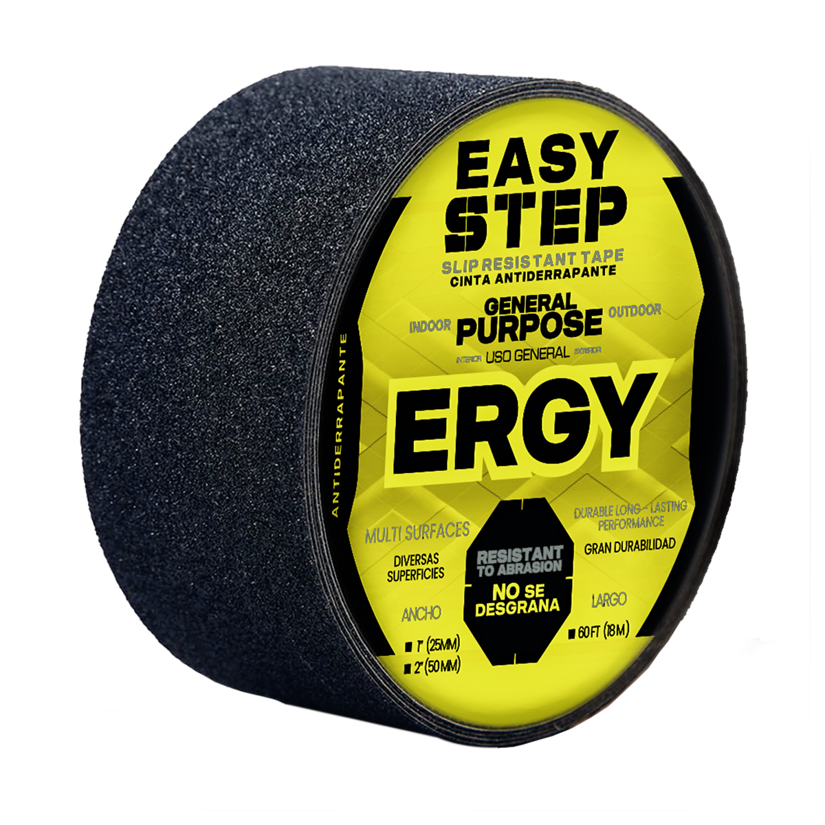 Cinta antiderrapante ERGY. 2" (50 mm) x 18 m. Antideslizante para escaleras, color negro, uso general.