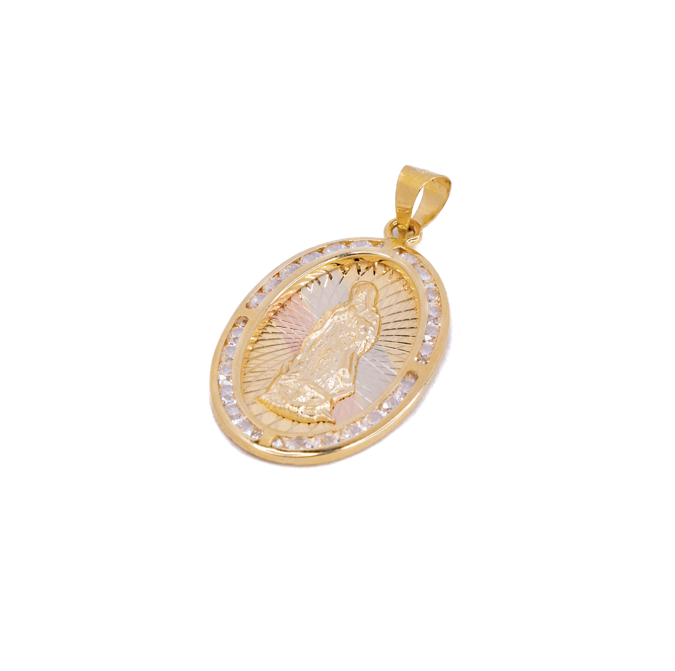 Medalla Virgen de Guadalupe con Circonias 3 Oros 14 Kilates.