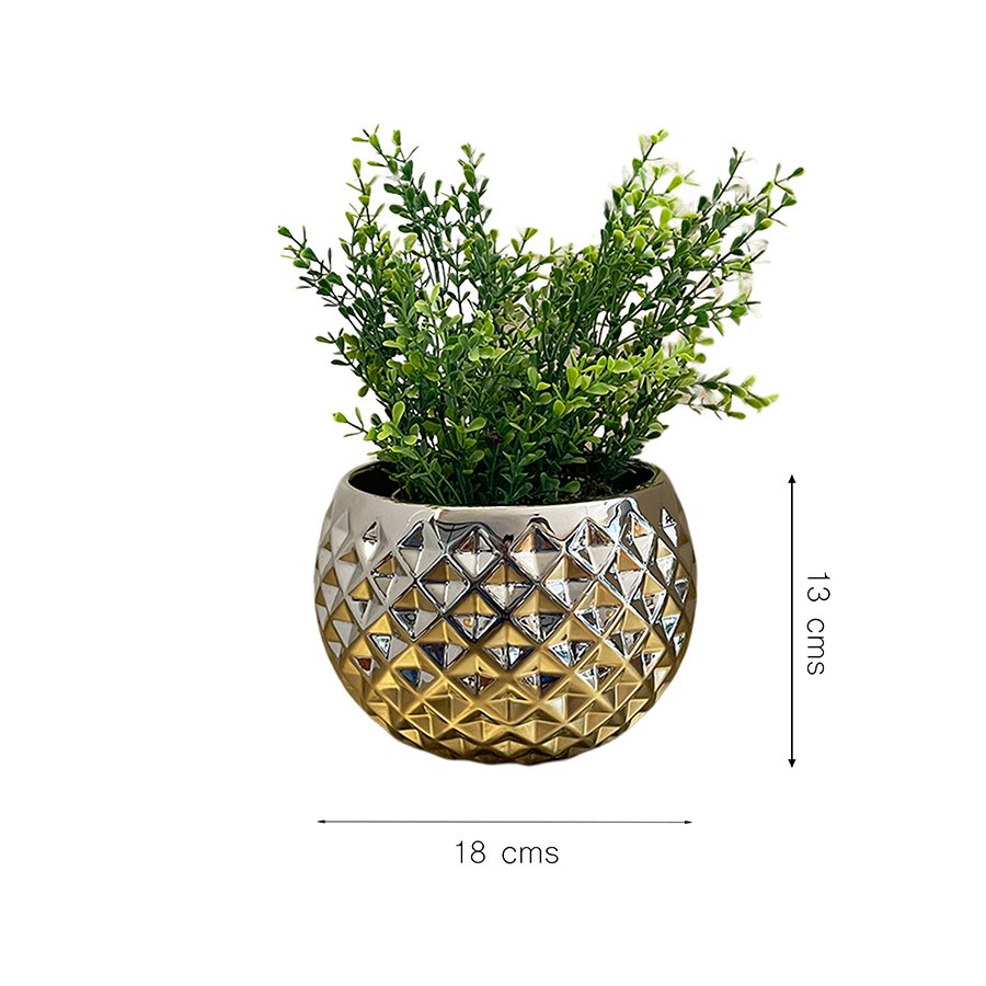 Maceta geométrica en forma de esfera: estilo moderno en color plata cromado de cerámica.