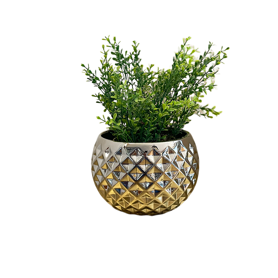 Maceta geométrica en forma de esfera: estilo moderno en color plata cromado de cerámica.
