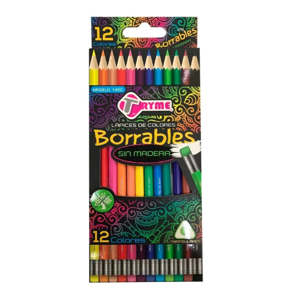 Lapices De Colores Borrables Tryme Sin Madera Caja C/12 Piezas