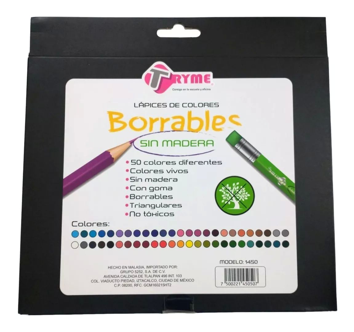 Lapices De Colores Borrables Tryme Sin Madera Caja C/50 Piezas