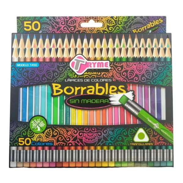 Lapices De Colores Borrables Tryme Sin Madera Caja C/50 Piezas