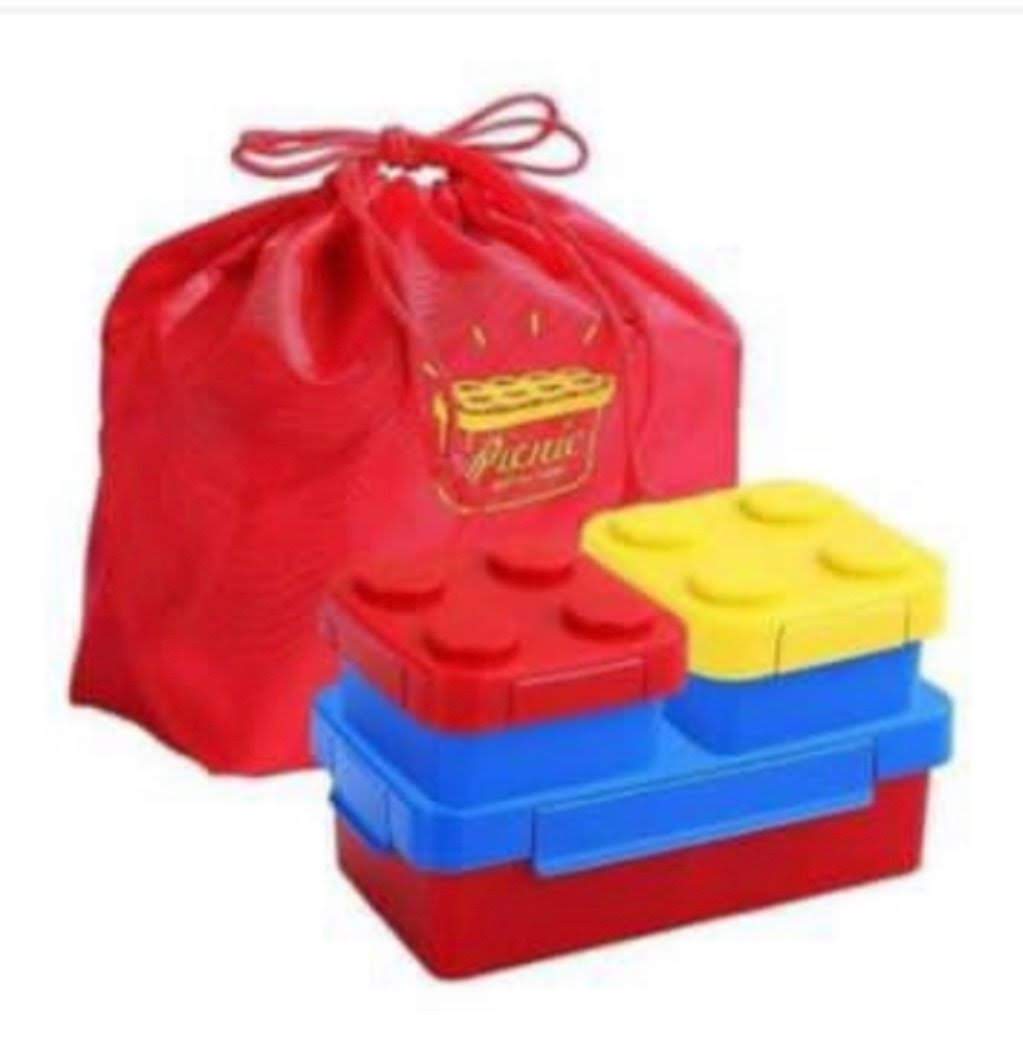 tupper para niño figura block, armable, color azul, rojo y amarillo