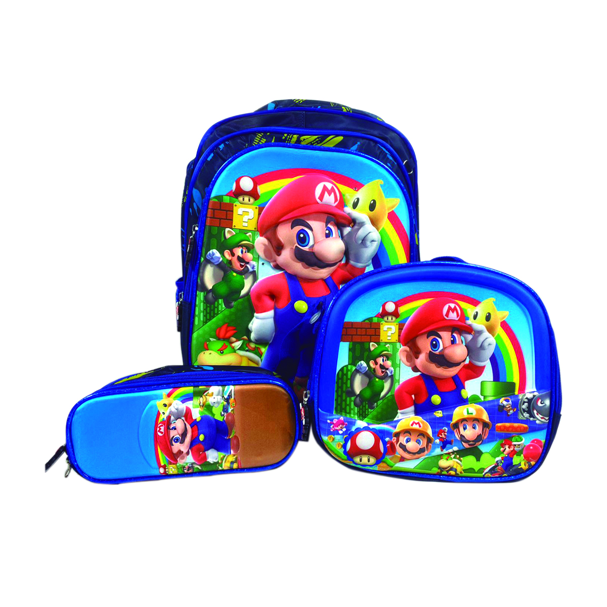 Mochila Escolar Infantil Con Luces Diseño Super Mario 3 en 1 Incluye Lonchera Y Colorera
