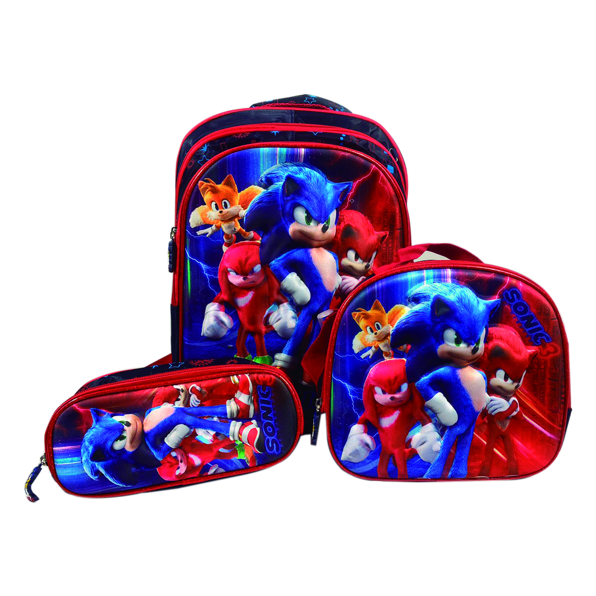 Mochila Escolar Infantil Con Luces Diseño Sonic 3 en 1 Incluye Lonchera Y Lapicera