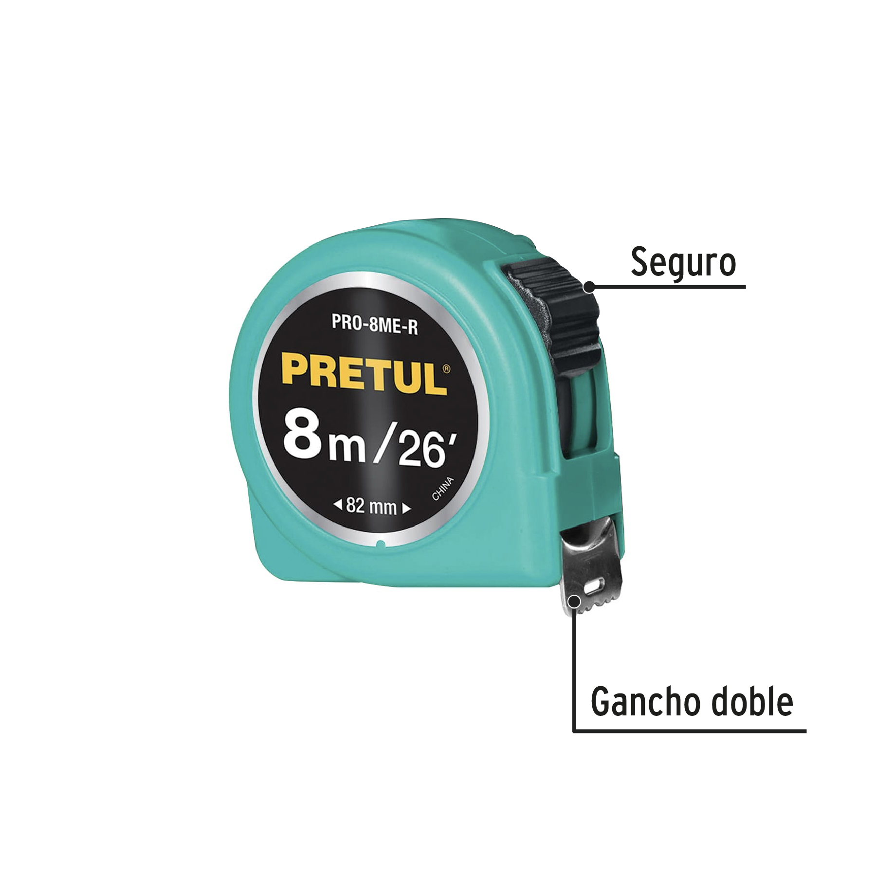 Flexómetro verde 8 m cinta 25 mm, en tarjeta, Pretul