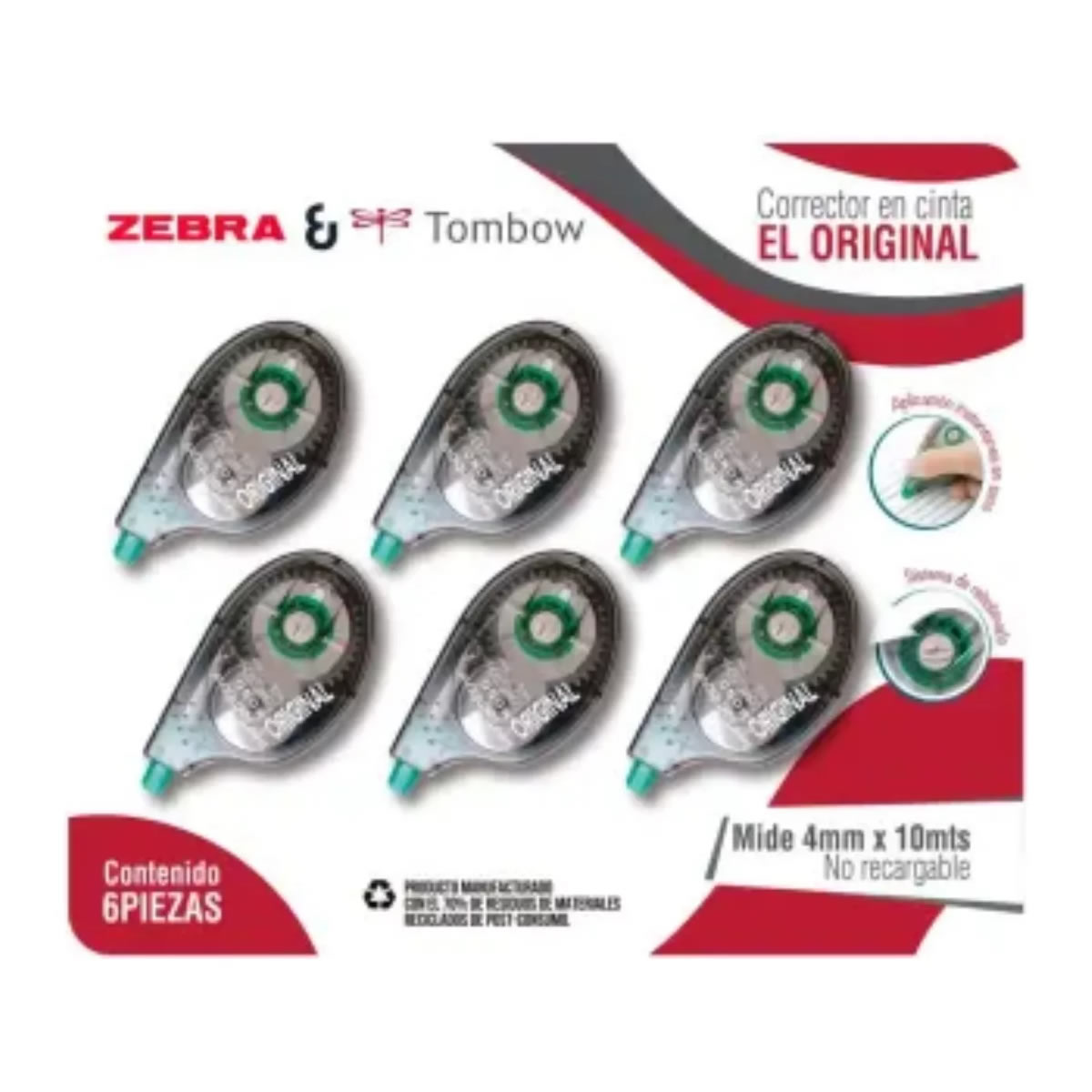 6 Correctores En Cinta Zebra Tombow 2207-67 Sistema De Rebobinado SMS