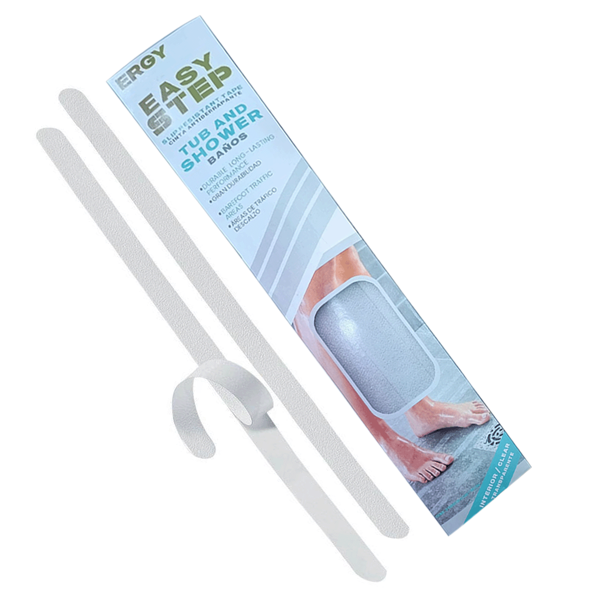 Tira antiderrapante para baños ERGY. 2 cm x 38 cm (9 pzas). Antideslizante para baños, color transparente, uso general.