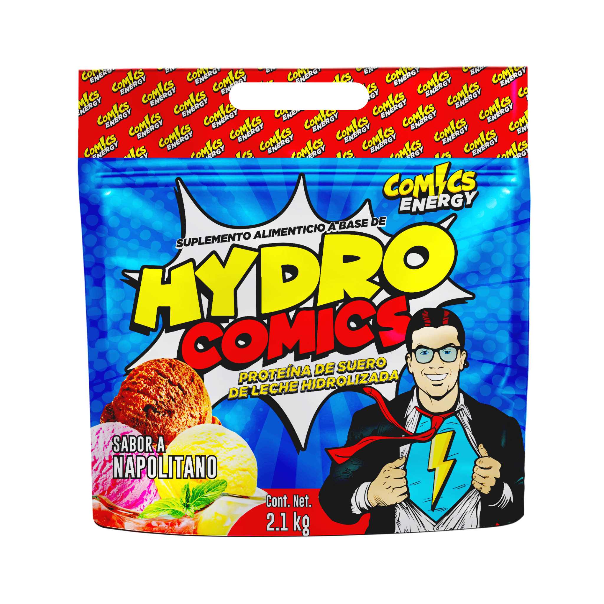 Comics Energy | Hydro Comics | Proteína Whey hidrolizada | Sabor Napolitano | 60 Porciones | 2.1 kg 