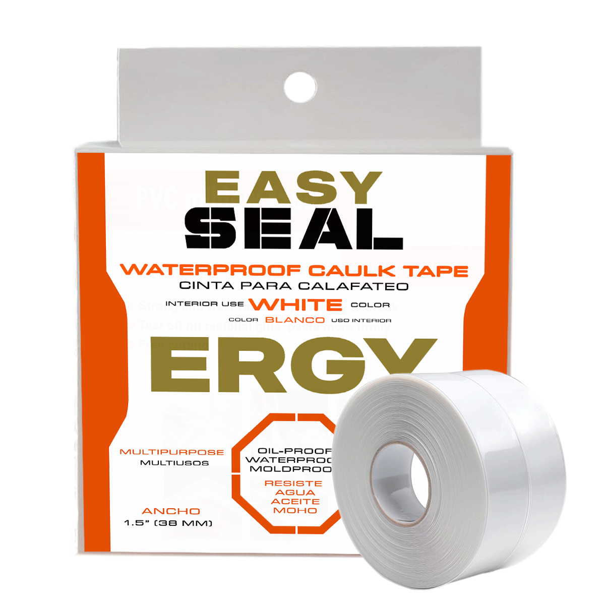 Cinta para calafateo ERGY. 1 1/4" (38 mm) x 3.2 m. Sellado impermeable, uniones o juntas, anti humedad, moho, aceite, baños, cocina, color blanco - transparente, interiores.