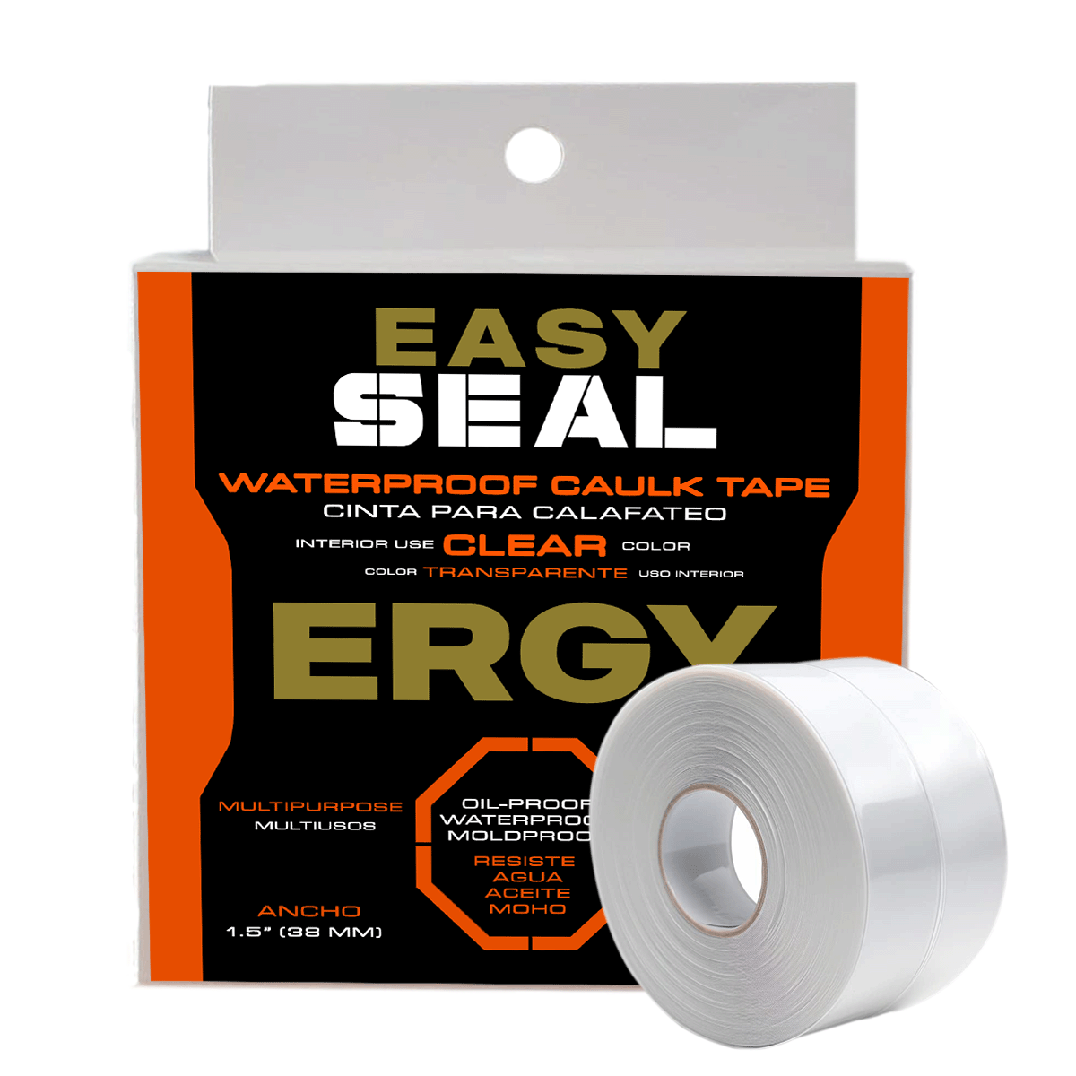 Cinta para calafateo ERGY. 1 1/4" (38 mm) x 3.2 m. Sellado impermeable, uniones o juntas, anti humedad, moho, aceite, baños, cocina, color blanco - transparente, interiores.