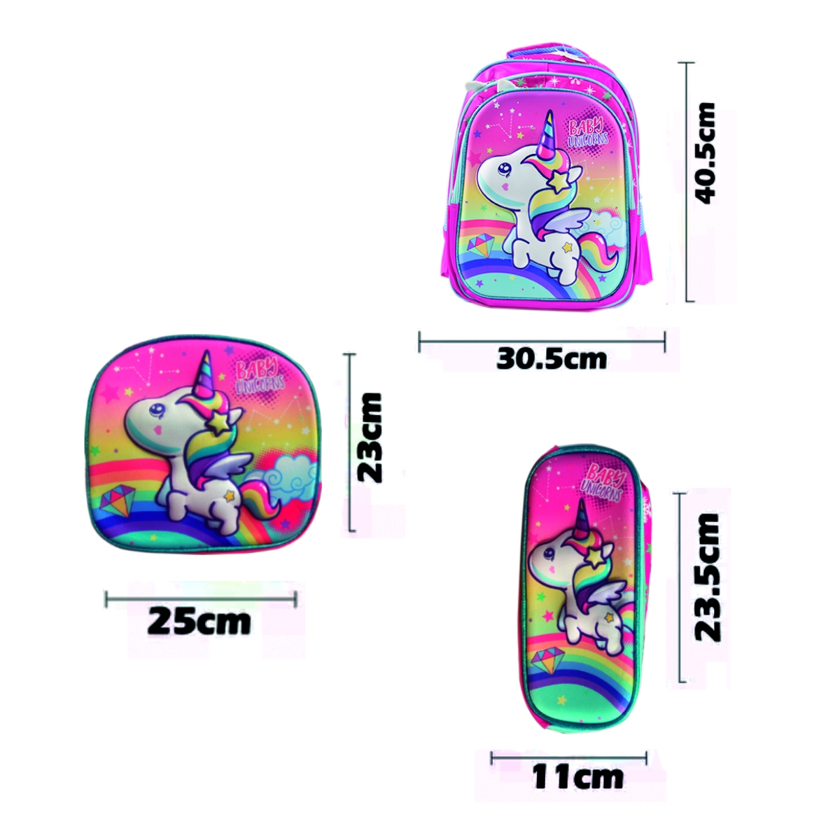 3 En 1 Mochila Colorera Y Lonchera Escolar  Con Luces Led Diseño Unicornio