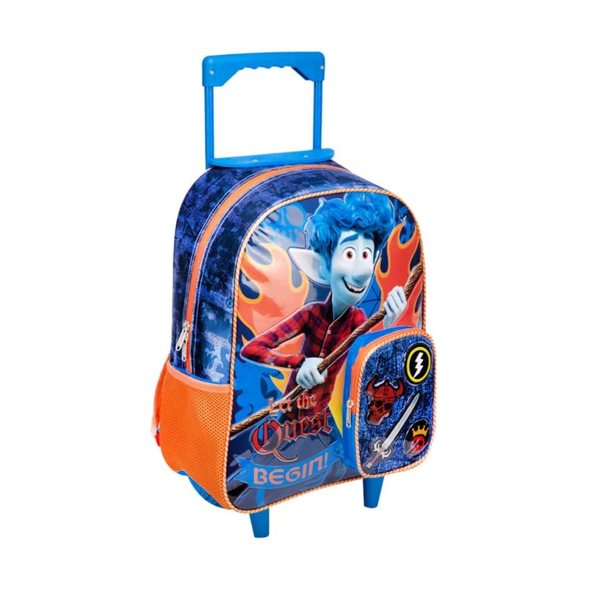 Mochila con ruedas para niño de la película Onward de Pixar, color azul con naranja, mod. 942665