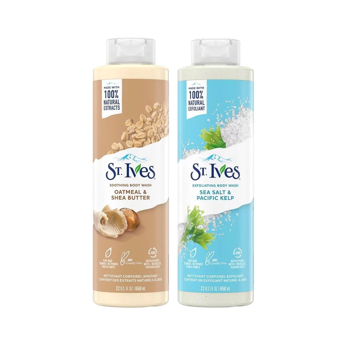 Jabón corporal St. Ives Body Wash Avena y Manteca de Karité, Sal de mar y Algas del Pacífico Exfoliante, 100% Extractos Naturales, 2 Piezas