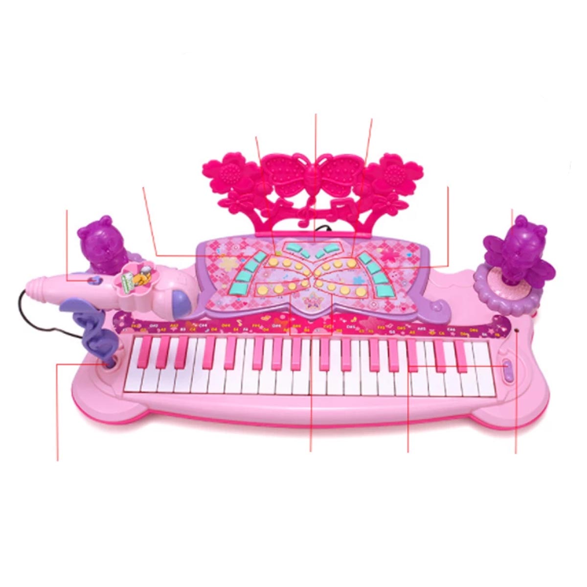Piano Musical para niños con microfono y banco Rosa.