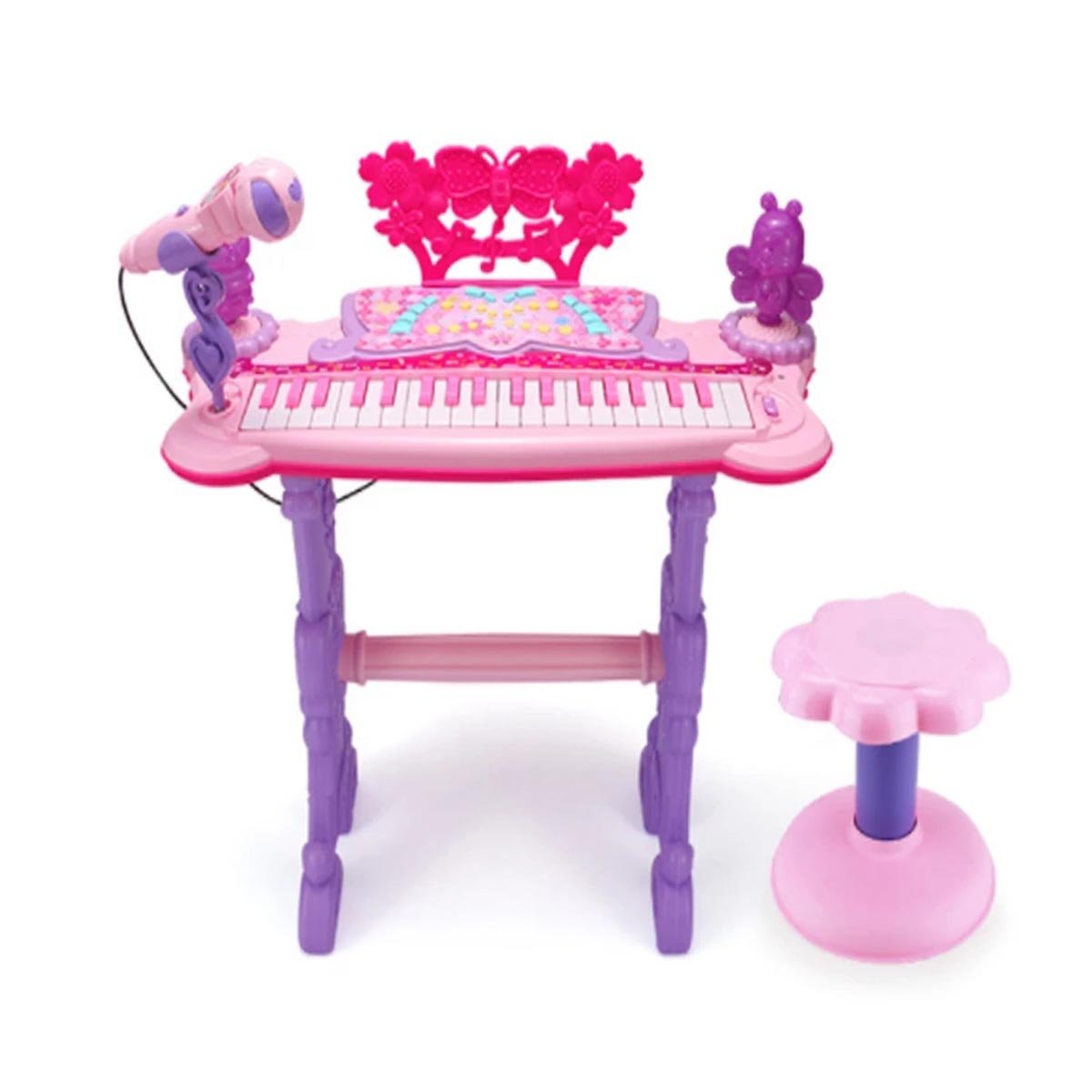 Piano, micrófono musical y taburete para niños, función de grabación,  batería de color rosa