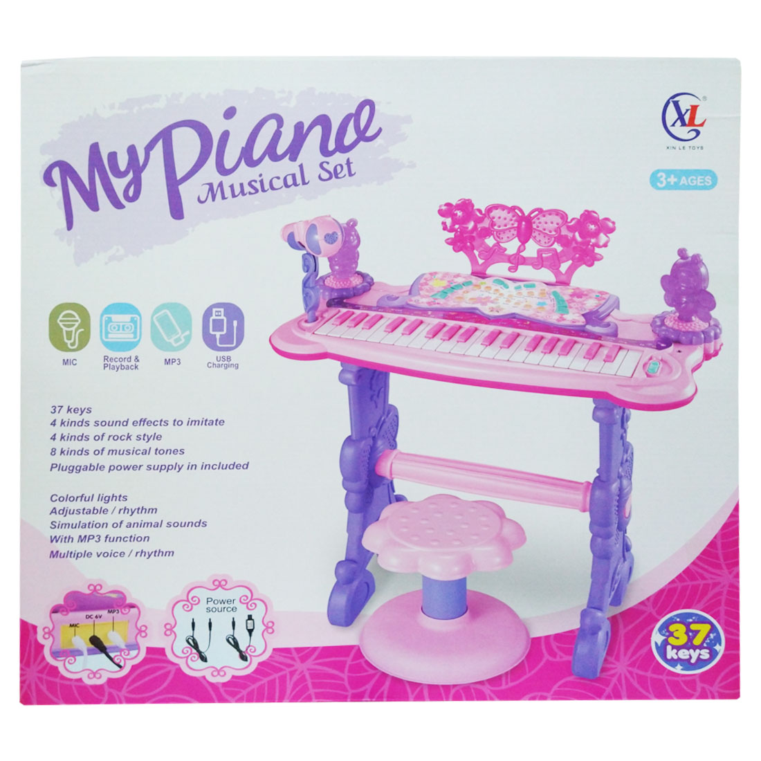 Piano Musical para niños con microfono y banco Rosa.