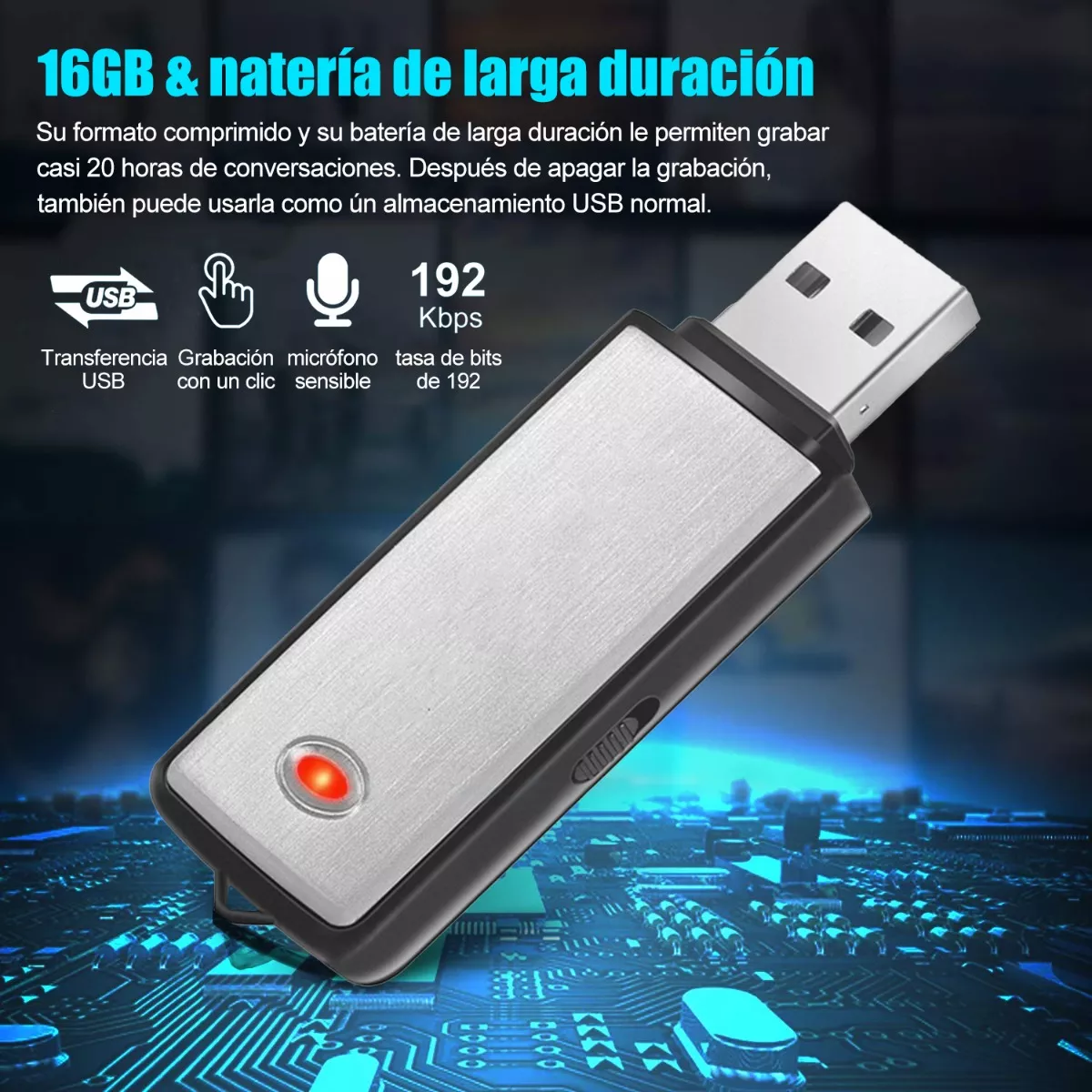 Grabadora De Voz Mini Usb Espía Con Micrófono 16gb 19horas