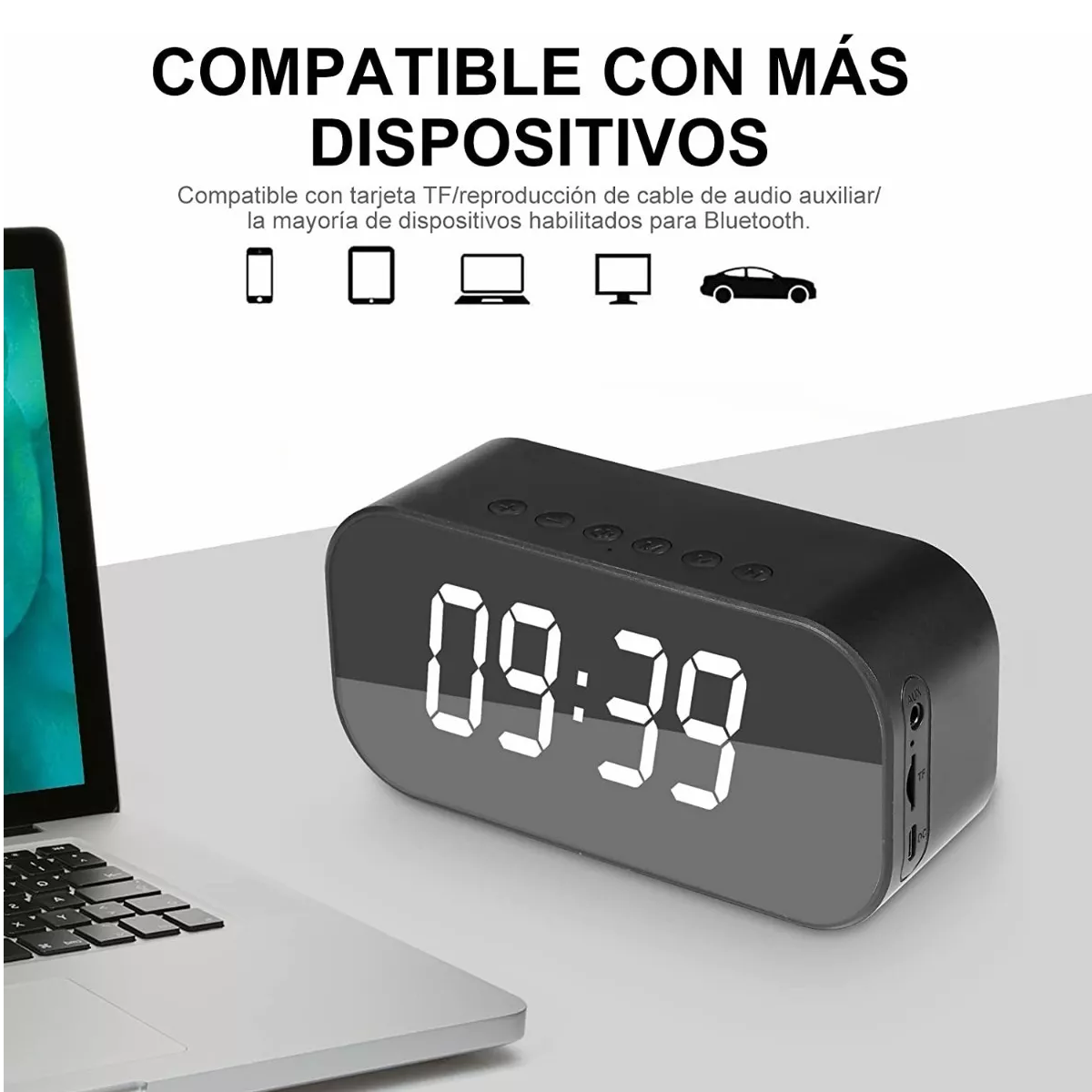 Reloj Despertador Digital C/bocina/bluetooth/radio Fm, Negro
