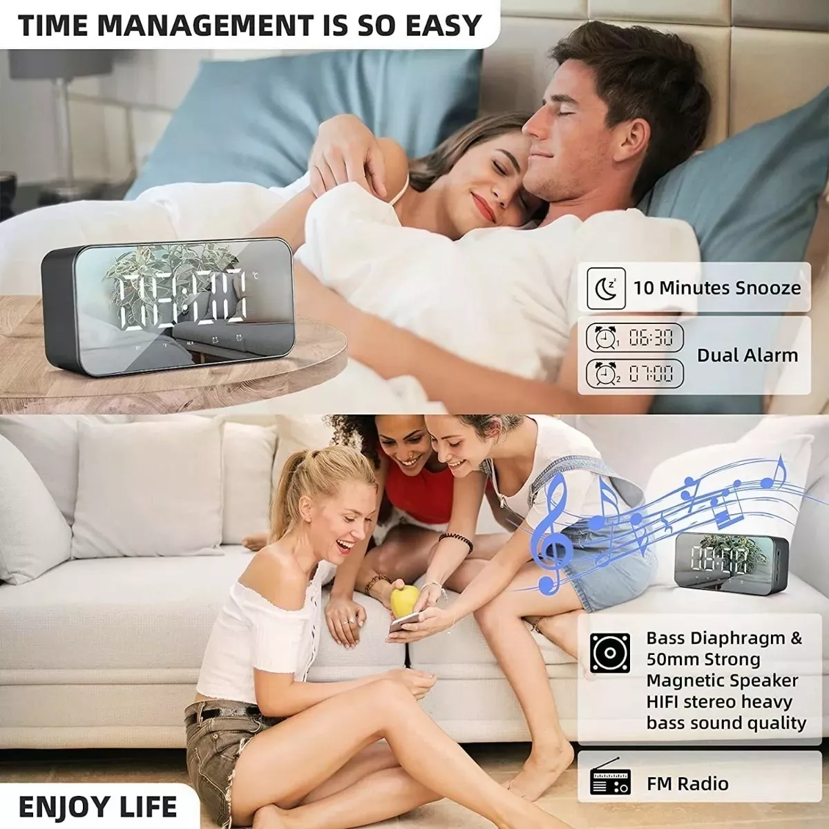 Reloj Despertador Digital Bocina Bluetooth Y Radio Fm Negro