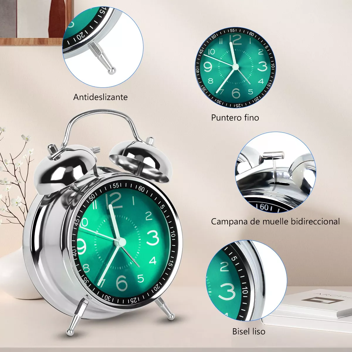 Reloj Despertador Estilo Vintage Doble Campana De Metal Verde