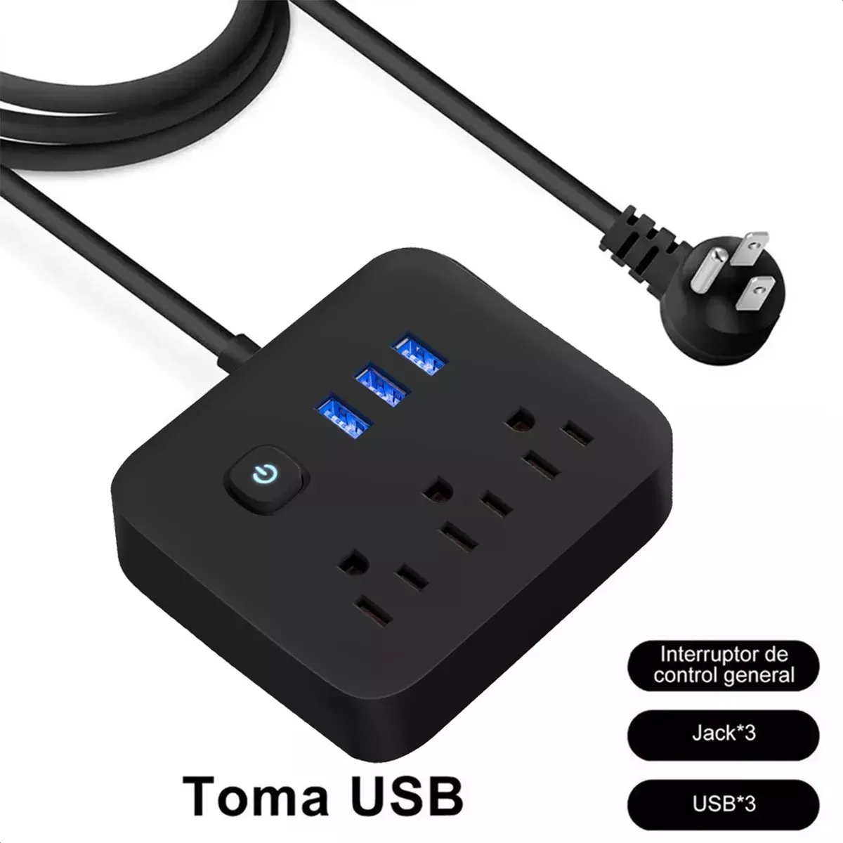Regleta Multicontactos Extensión De 3 Puertos Usb Y 3 Tomas Negro