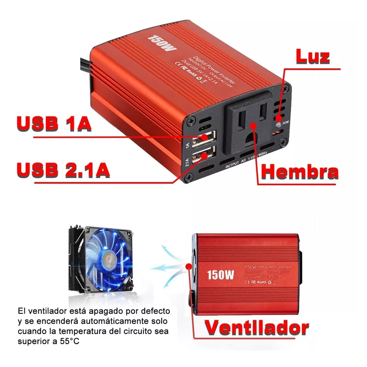 Inversor De Corriente Automotriz De 12v A 110v 150w