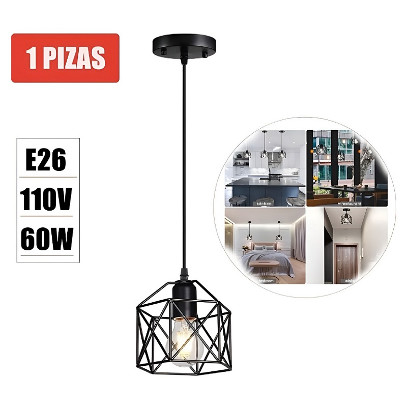 Lámpara Colgante Industrial E26 Tipo Jaula Negro, 1 Pieza