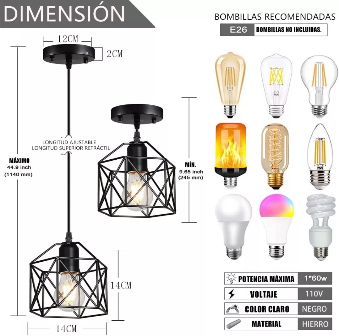 Lámpara Colgante Industrial E26 Tipo Jaula Negro, 1 Pieza