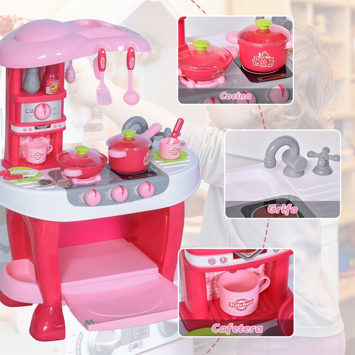 Cocina Cocinita Infantil Rosa Little Chef Luz y Sonido 31 pz