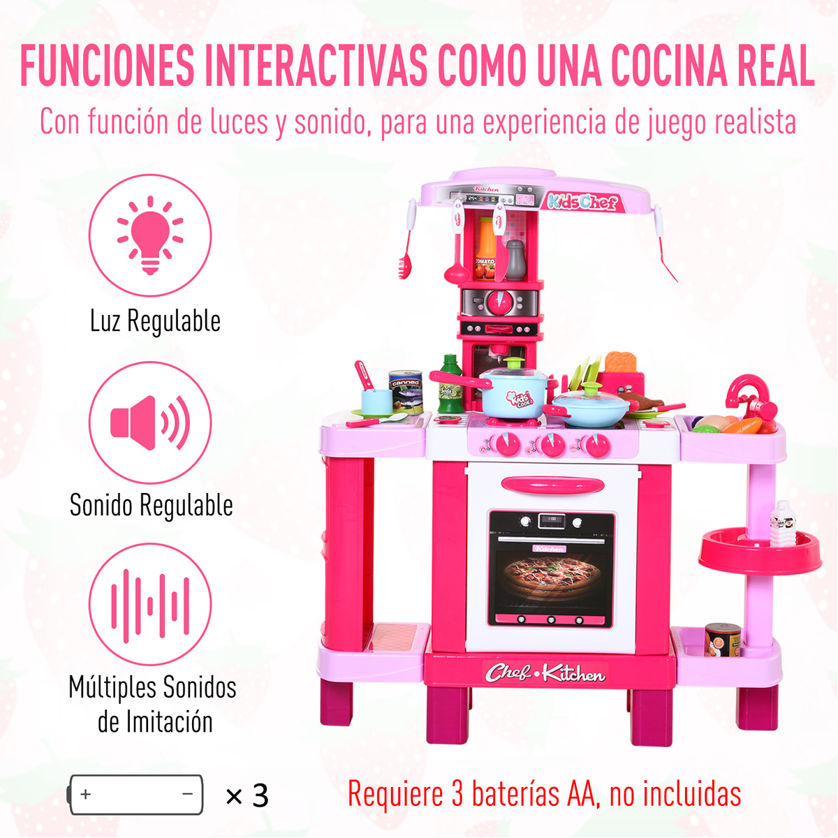 Cocina Cocinita Infantil Rosa Little Chef Luz y Sonido 38 pz